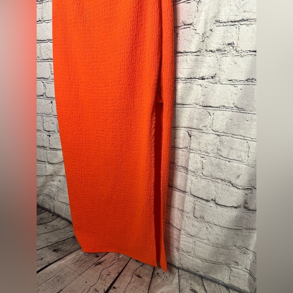 On the Wild Table Orange Strapless Midi Dress Twist Front Bodycon Resort Medium - Picture 5 of 13